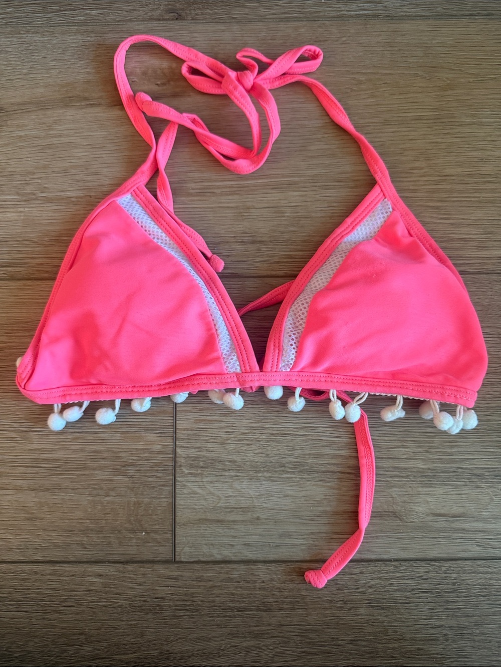 Pink Lily Neon Pink Triangle Bikini Top with White Pom Trim